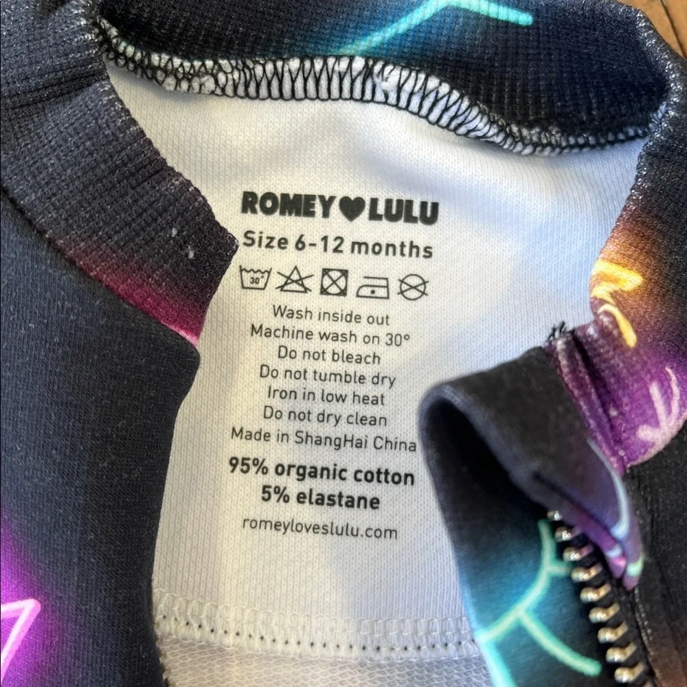 Romey loves Lulu black neon unicorn rainbow heart zip front romper 6-12 months